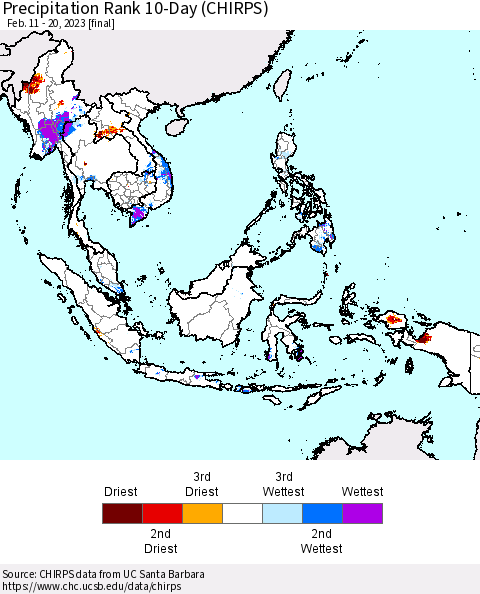 South East Asia Precipitation Rank since 1981, 10-Day (CHIRPS) Thematic Map For 2/11/2023 - 2/20/2023