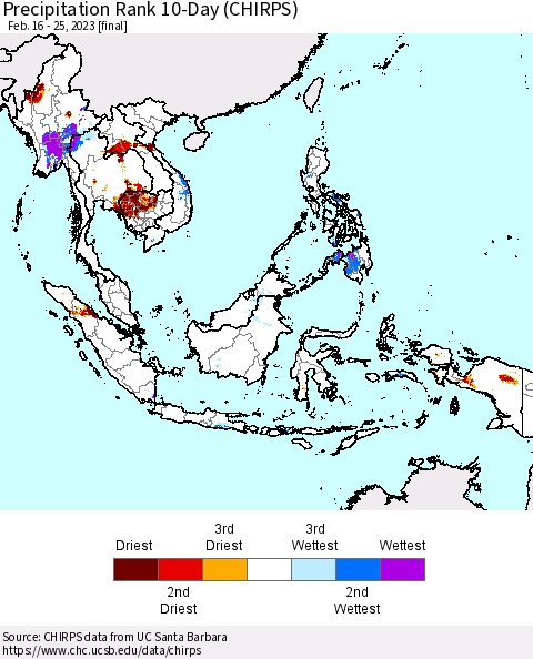 South East Asia Precipitation Rank since 1981, 10-Day (CHIRPS) Thematic Map For 2/16/2023 - 2/25/2023