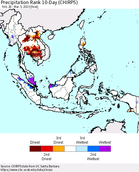South East Asia Precipitation Rank since 1981, 10-Day (CHIRPS) Thematic Map For 2/26/2023 - 3/5/2023