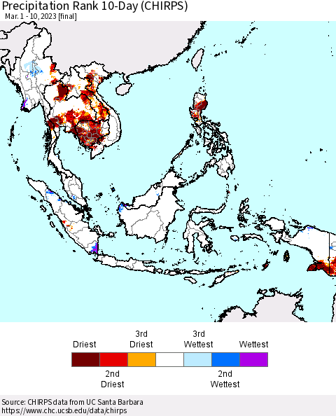 South East Asia Precipitation Rank since 1981, 10-Day (CHIRPS) Thematic Map For 3/1/2023 - 3/10/2023