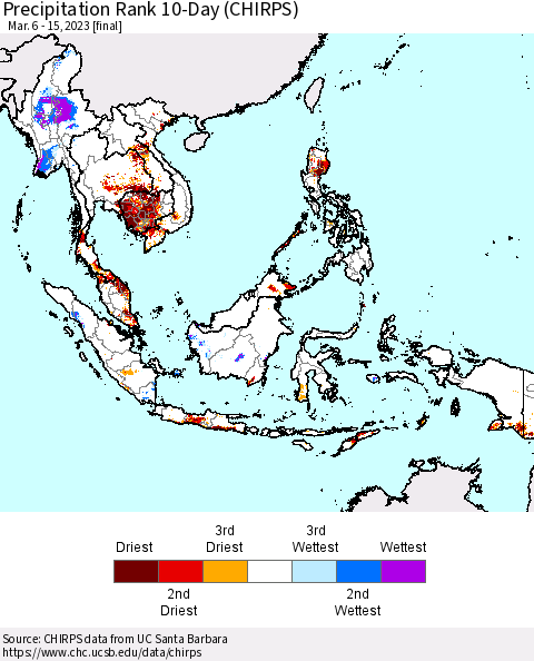 South East Asia Precipitation Rank since 1981, 10-Day (CHIRPS) Thematic Map For 3/6/2023 - 3/15/2023