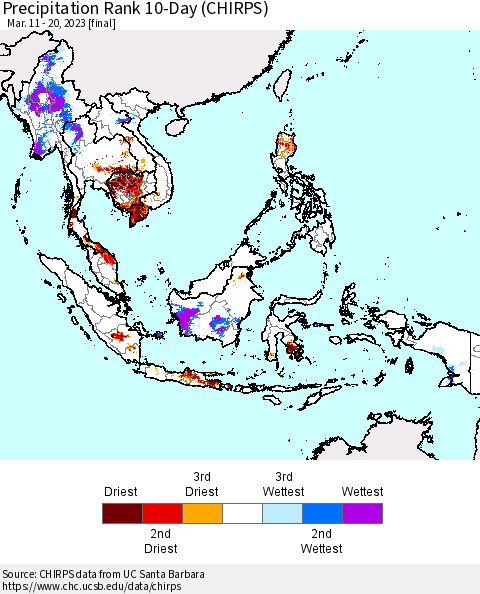 South East Asia Precipitation Rank since 1981, 10-Day (CHIRPS) Thematic Map For 3/11/2023 - 3/20/2023