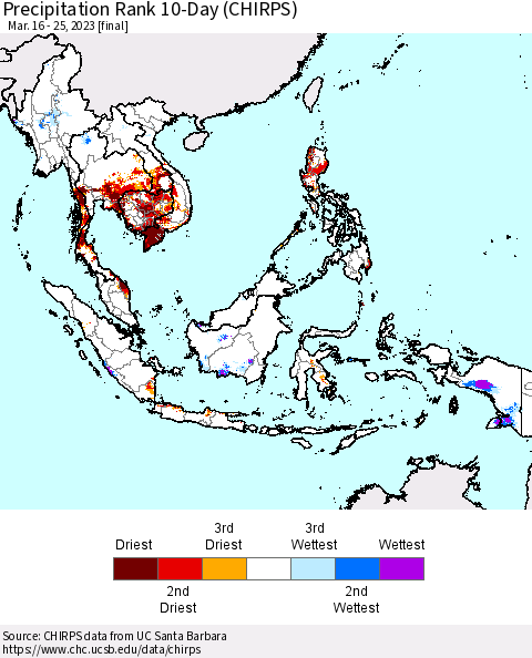 South East Asia Precipitation Rank since 1981, 10-Day (CHIRPS) Thematic Map For 3/16/2023 - 3/25/2023