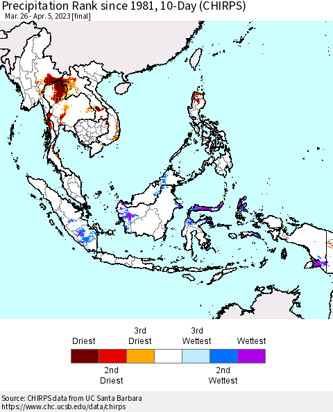 South East Asia Precipitation Rank since 1981, 10-Day (CHIRPS) Thematic Map For 3/26/2023 - 4/5/2023
