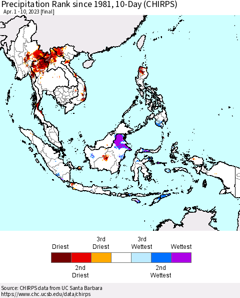 South East Asia Precipitation Rank since 1981, 10-Day (CHIRPS) Thematic Map For 4/1/2023 - 4/10/2023