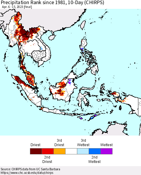 South East Asia Precipitation Rank since 1981, 10-Day (CHIRPS) Thematic Map For 4/6/2023 - 4/15/2023
