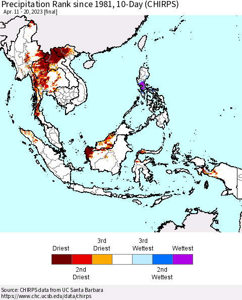 South East Asia Precipitation Rank since 1981, 10-Day (CHIRPS) Thematic Map For 4/11/2023 - 4/20/2023