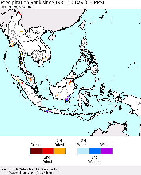 South East Asia Precipitation Rank since 1981, 10-Day (CHIRPS) Thematic Map For 4/21/2023 - 4/30/2023
