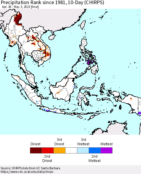 South East Asia Precipitation Rank since 1981, 10-Day (CHIRPS) Thematic Map For 4/26/2023 - 5/5/2023
