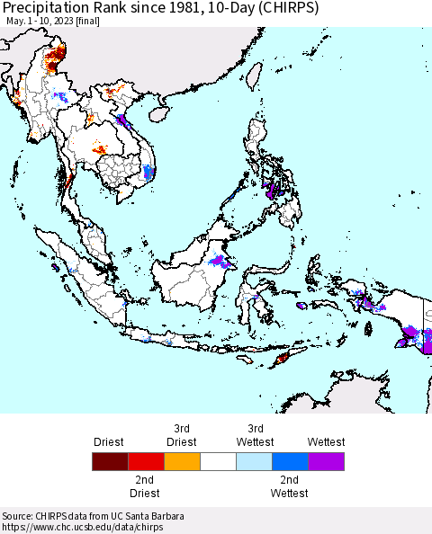 South East Asia Precipitation Rank since 1981, 10-Day (CHIRPS) Thematic Map For 5/1/2023 - 5/10/2023