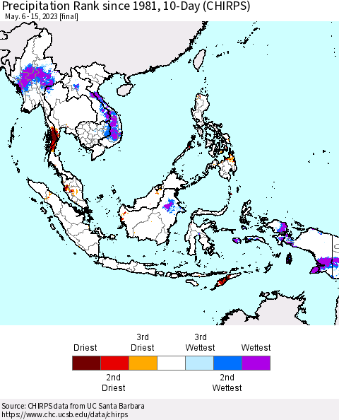 South East Asia Precipitation Rank since 1981, 10-Day (CHIRPS) Thematic Map For 5/6/2023 - 5/15/2023