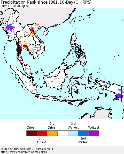 South East Asia Precipitation Rank since 1981, 10-Day (CHIRPS) Thematic Map For 5/11/2023 - 5/20/2023