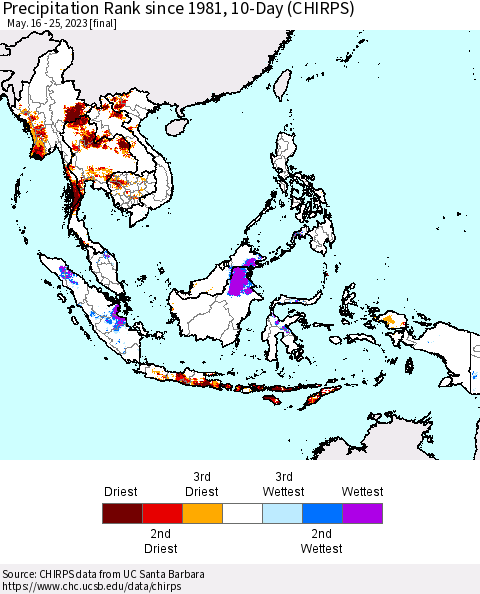 South East Asia Precipitation Rank since 1981, 10-Day (CHIRPS) Thematic Map For 5/16/2023 - 5/25/2023