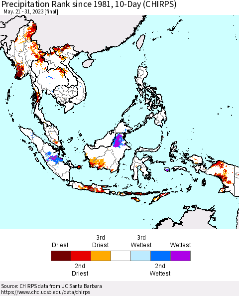 South East Asia Precipitation Rank since 1981, 10-Day (CHIRPS) Thematic Map For 5/21/2023 - 5/31/2023