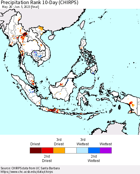 South East Asia Precipitation Rank since 1981, 10-Day (CHIRPS) Thematic Map For 5/26/2023 - 6/5/2023