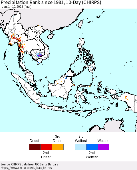 South East Asia Precipitation Rank since 1981, 10-Day (CHIRPS) Thematic Map For 6/1/2023 - 6/10/2023