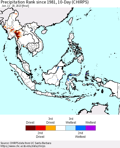 South East Asia Precipitation Rank since 1981, 10-Day (CHIRPS) Thematic Map For 6/11/2023 - 6/20/2023
