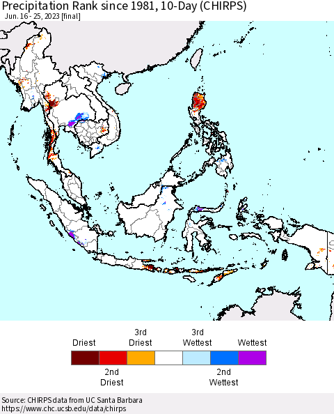 South East Asia Precipitation Rank since 1981, 10-Day (CHIRPS) Thematic Map For 6/16/2023 - 6/25/2023