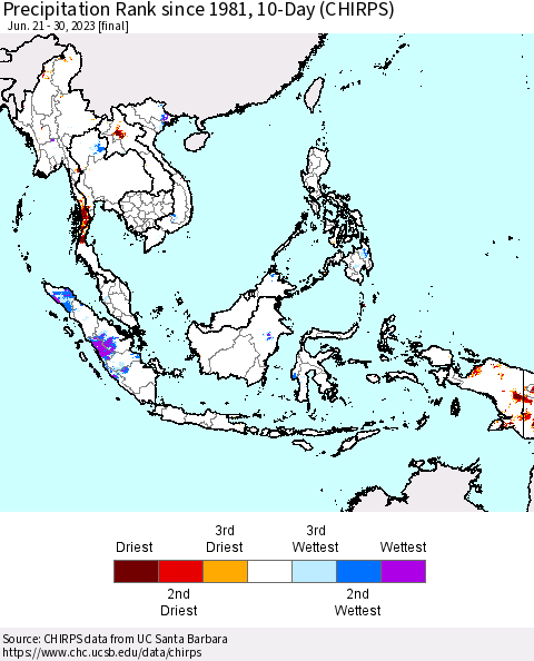South East Asia Precipitation Rank since 1981, 10-Day (CHIRPS) Thematic Map For 6/21/2023 - 6/30/2023