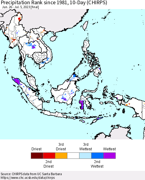 South East Asia Precipitation Rank since 1981, 10-Day (CHIRPS) Thematic Map For 6/26/2023 - 7/5/2023
