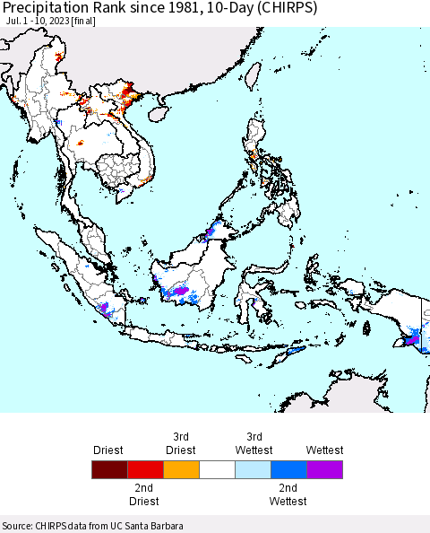 South East Asia Precipitation Rank since 1981, 10-Day (CHIRPS) Thematic Map For 7/1/2023 - 7/10/2023