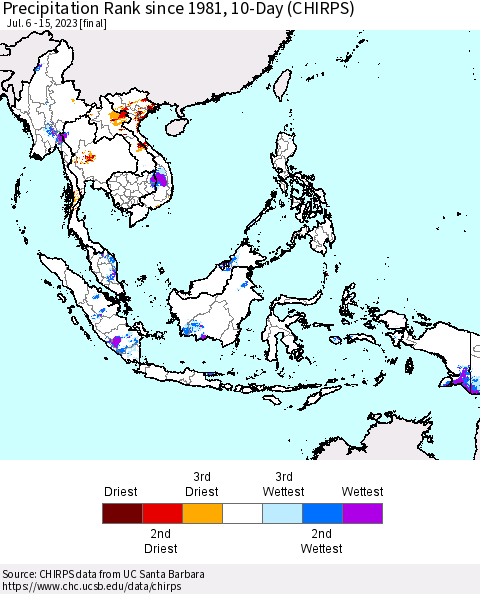 South East Asia Precipitation Rank since 1981, 10-Day (CHIRPS) Thematic Map For 7/6/2023 - 7/15/2023
