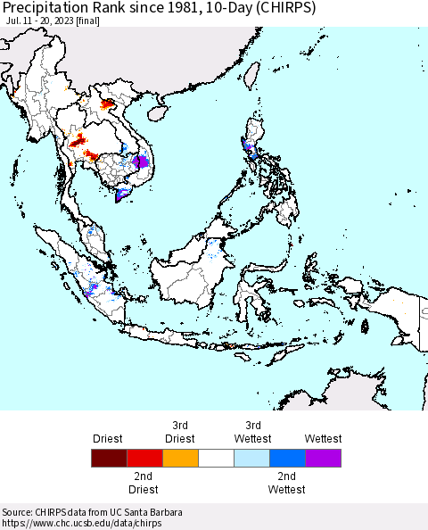 South East Asia Precipitation Rank since 1981, 10-Day (CHIRPS) Thematic Map For 7/11/2023 - 7/20/2023