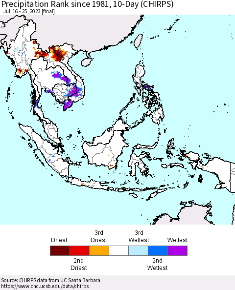 South East Asia Precipitation Rank since 1981, 10-Day (CHIRPS) Thematic Map For 7/16/2023 - 7/25/2023