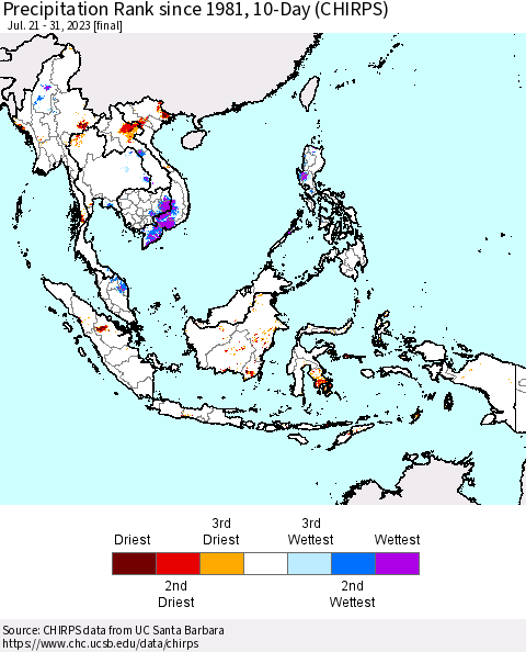 South East Asia Precipitation Rank since 1981, 10-Day (CHIRPS) Thematic Map For 7/21/2023 - 7/31/2023