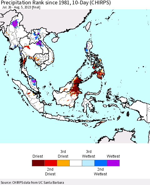 South East Asia Precipitation Rank since 1981, 10-Day (CHIRPS) Thematic Map For 7/26/2023 - 8/5/2023