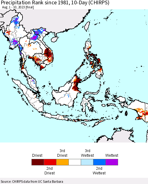 South East Asia Precipitation Rank since 1981, 10-Day (CHIRPS) Thematic Map For 8/1/2023 - 8/10/2023