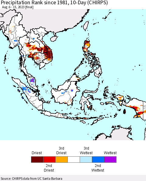South East Asia Precipitation Rank since 1981, 10-Day (CHIRPS) Thematic Map For 8/6/2023 - 8/15/2023