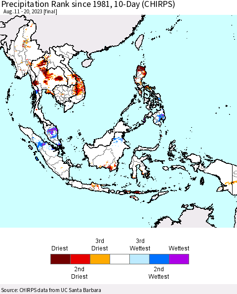 South East Asia Precipitation Rank since 1981, 10-Day (CHIRPS) Thematic Map For 8/11/2023 - 8/20/2023
