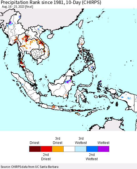 South East Asia Precipitation Rank since 1981, 10-Day (CHIRPS) Thematic Map For 8/16/2023 - 8/25/2023