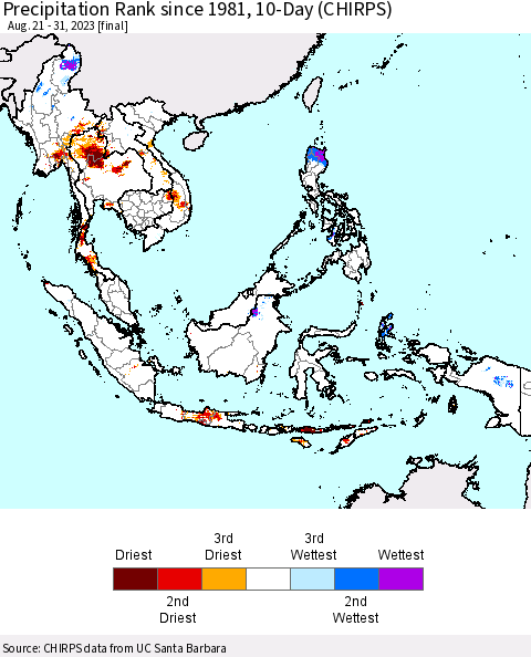 South East Asia Precipitation Rank since 1981, 10-Day (CHIRPS) Thematic Map For 8/21/2023 - 8/31/2023