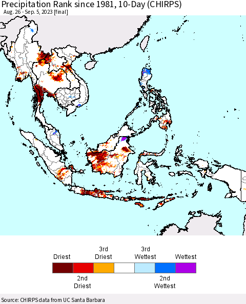 South East Asia Precipitation Rank since 1981, 10-Day (CHIRPS) Thematic Map For 8/26/2023 - 9/5/2023