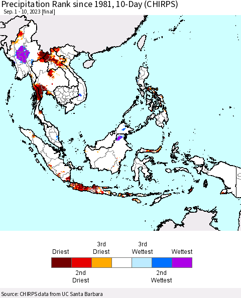 South East Asia Precipitation Rank since 1981, 10-Day (CHIRPS) Thematic Map For 9/1/2023 - 9/10/2023