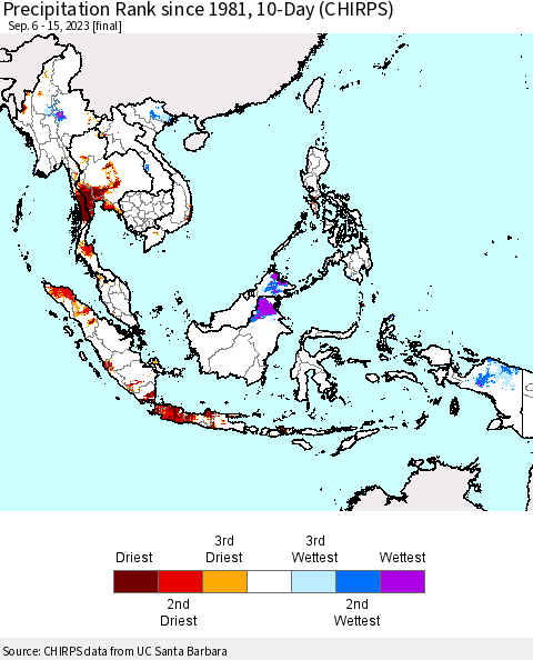 South East Asia Precipitation Rank since 1981, 10-Day (CHIRPS) Thematic Map For 9/6/2023 - 9/15/2023