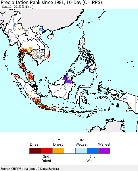 South East Asia Precipitation Rank since 1981, 10-Day (CHIRPS) Thematic Map For 9/11/2023 - 9/20/2023