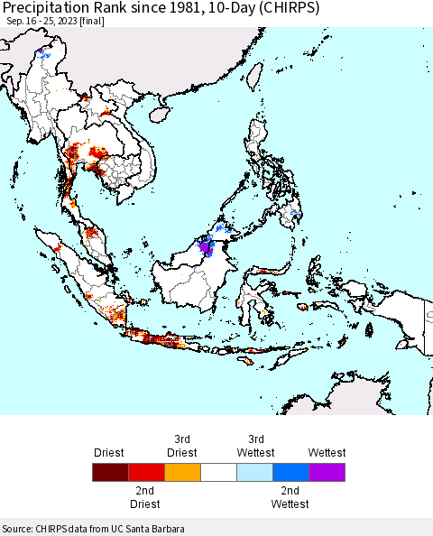 South East Asia Precipitation Rank since 1981, 10-Day (CHIRPS) Thematic Map For 9/16/2023 - 9/25/2023