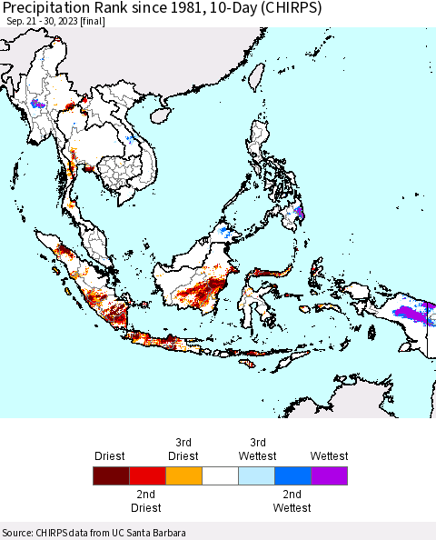 South East Asia Precipitation Rank since 1981, 10-Day (CHIRPS) Thematic Map For 9/21/2023 - 9/30/2023