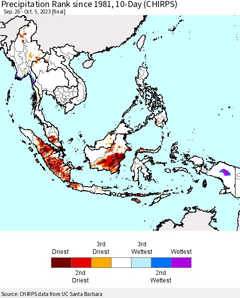South East Asia Precipitation Rank since 1981, 10-Day (CHIRPS) Thematic Map For 9/26/2023 - 10/5/2023