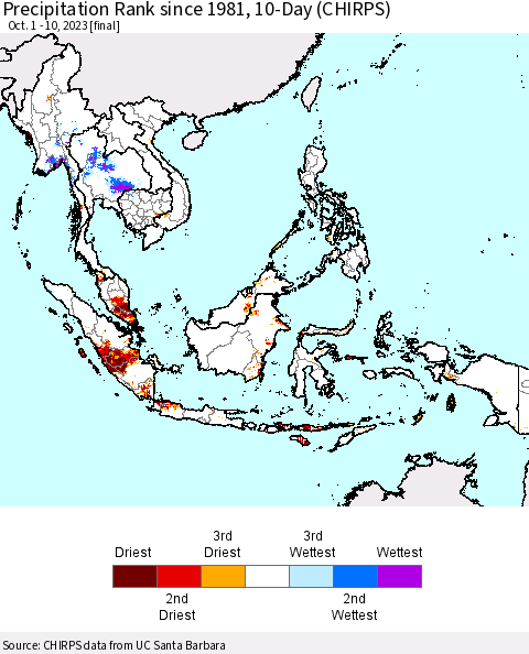 South East Asia Precipitation Rank since 1981, 10-Day (CHIRPS) Thematic Map For 10/1/2023 - 10/10/2023