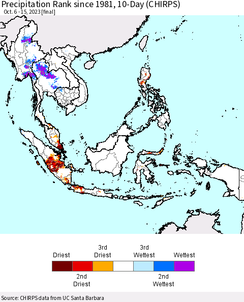 South East Asia Precipitation Rank since 1981, 10-Day (CHIRPS) Thematic Map For 10/6/2023 - 10/15/2023
