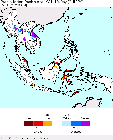 South East Asia Precipitation Rank since 1981, 10-Day (CHIRPS) Thematic Map For 10/21/2023 - 10/31/2023