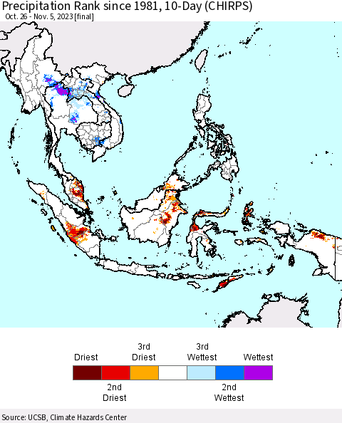 South East Asia Precipitation Rank since 1981, 10-Day (CHIRPS) Thematic Map For 10/26/2023 - 11/5/2023