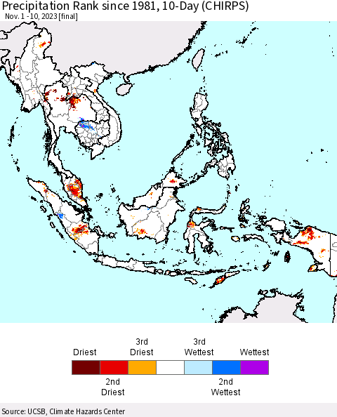 South East Asia Precipitation Rank since 1981, 10-Day (CHIRPS) Thematic Map For 11/1/2023 - 11/10/2023