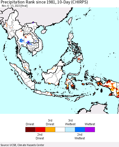 South East Asia Precipitation Rank since 1981, 10-Day (CHIRPS) Thematic Map For 11/6/2023 - 11/15/2023