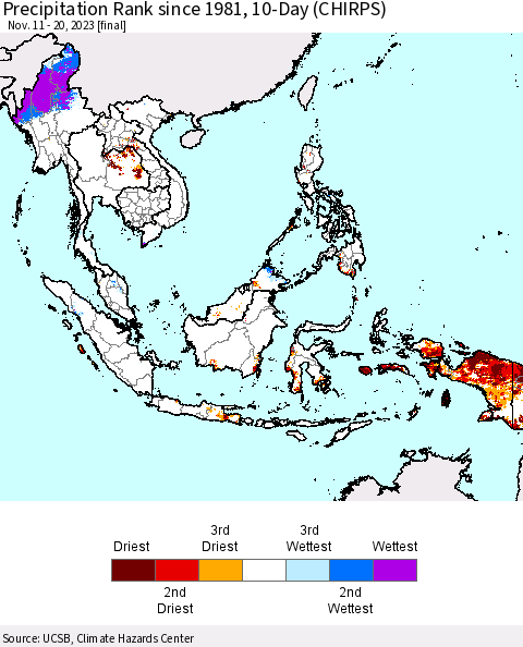 South East Asia Precipitation Rank since 1981, 10-Day (CHIRPS) Thematic Map For 11/11/2023 - 11/20/2023