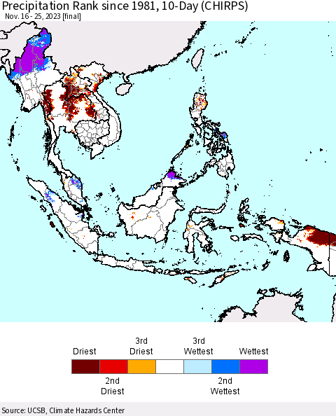 South East Asia Precipitation Rank since 1981, 10-Day (CHIRPS) Thematic Map For 11/16/2023 - 11/25/2023